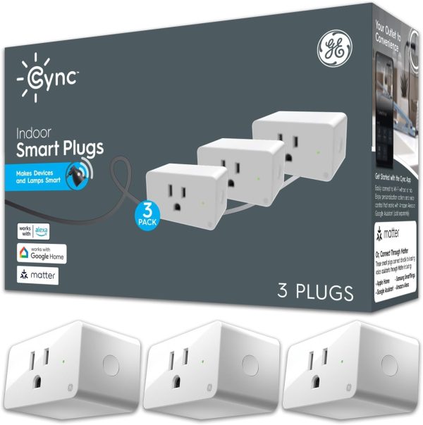 GE CYNC Indoor Smart Plug, Matter Compatible, Bluetooth and Wi-Fi Outlet Socket, Compatible with Alexa and Google Home, Voice Control Outlet (3 Pack)