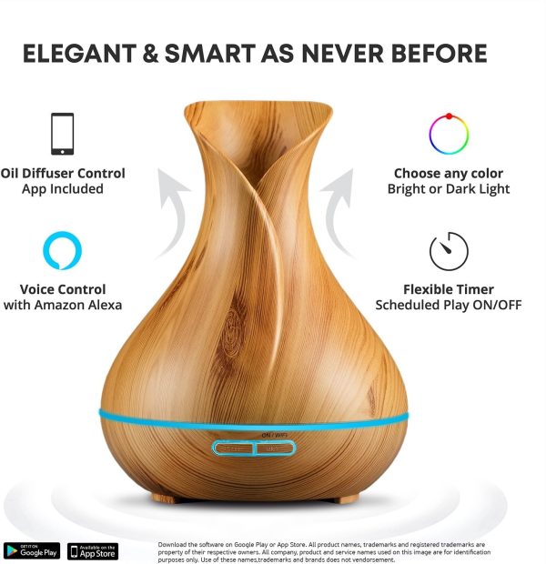 Smart Wifi Wireless Essential Oil Aromatherapy Diffuser - Works With Alexa & Google Home Phone App & Voice Control - 400ml Ultrasonic Diffuser & Humidifier - Create Schedules - LED & Timer Settings - Image 3