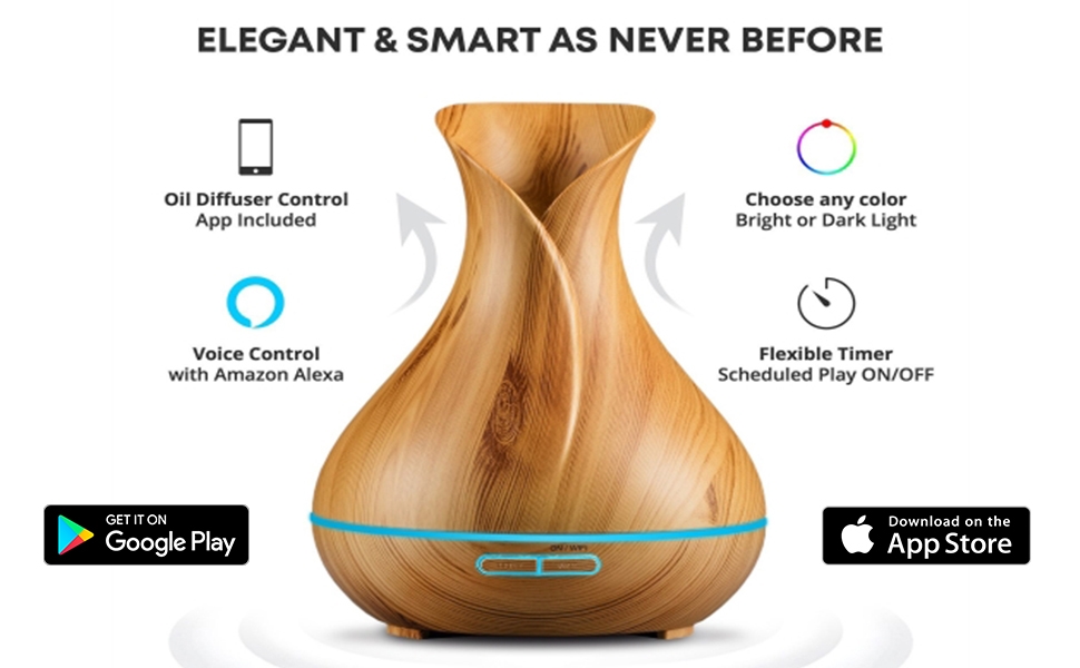 Smart Wifi Essential Oil Aromathery Diffuser. Alexa & Google Home Compatible, LED & Timer Settings