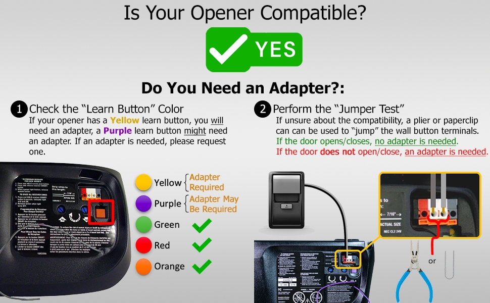 smart garage adapter purple learn button yellow learn jumper test genie chamberlain liftmaster