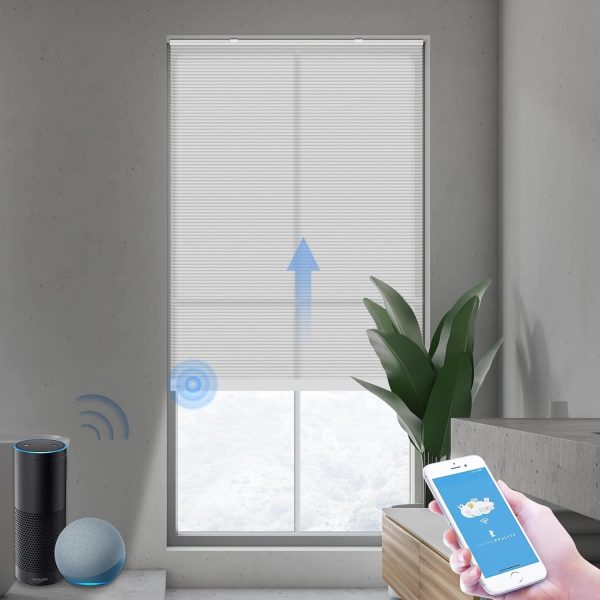 THIRDREALITY ZigBee Smart Blind Lite, Semi-Transparent Motorized Shades, Smart Control, Cordless Honeycomb Blinds, AA Battery Powered, Automatic Height Setting, 35" W x 72" H Gray/White