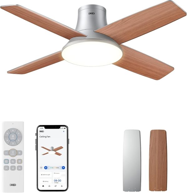 Dreo Ceiling Fans with Lights, 12 Speeds & 3 Fan Modes, Quiet DC Motor, Low Profile Easy to Install, Flush Mount Smart Ceiling Fan with Dimmable LED, 12H Timer for Bedroom, Remote, Silver, 44''