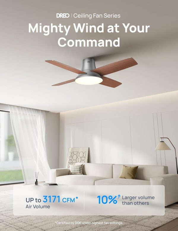 Dreo Ceiling Fans with Lights, 12 Speeds & 3 Fan Modes, Quiet DC Motor, Low Profile Easy to Install, Flush Mount Smart Ceiling Fan with Dimmable LED, 12H Timer for Bedroom, Remote, Silver, 44'' - Image 3