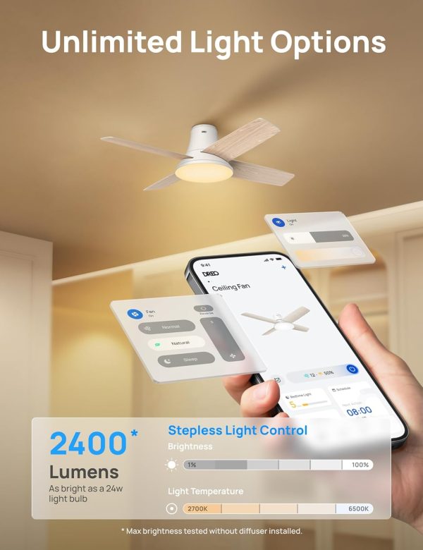 Dreo Ceiling Fans with Lights, 12 Speeds & 3 Fan Modes, Quiet DC Motor, Low Profile Easy to Install, Flush Mount Smart Ceiling Fan with Dimmable LED, 12H Timer for Bedroom, Remote, Silver, 44'' - Image 21