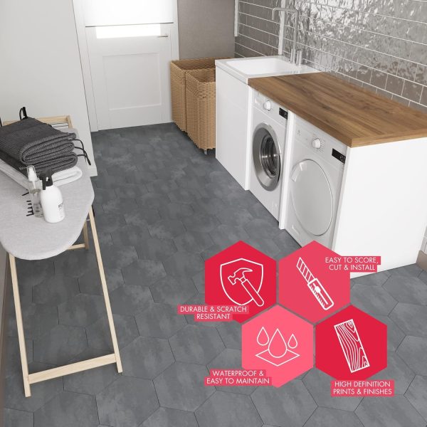 BaseCore HEX Hexagon Vinyl Flooring Gray 5.75" DIY Self Adhesive Textured Modern Floor Tile Peel & Stick Tile (36pcs/21.5sqft per case) - Image 3