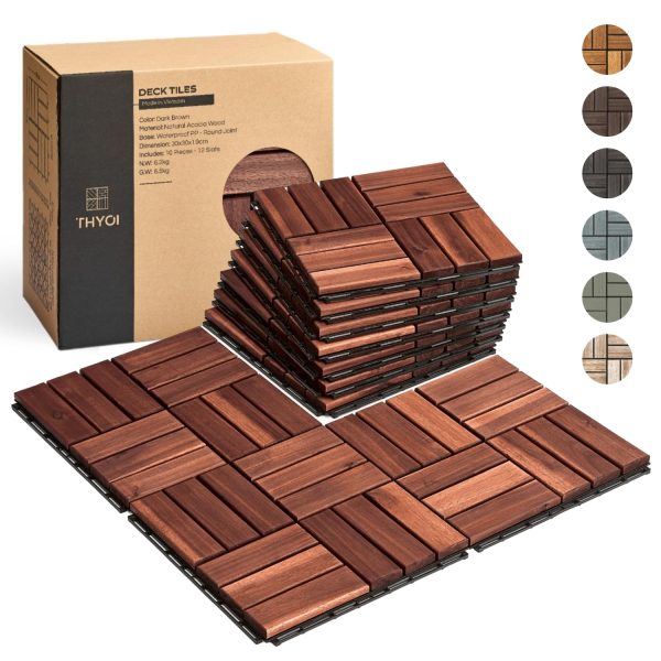 10 Pcs Interlocking Deck Tiles 12" x 12", Patio Flooring Outdoor Waterproof, Acacia Wood Decking All Weather, Floor Tiles for Balcony, Backyard, Indoor and Outdoor Use (Dark Brown)