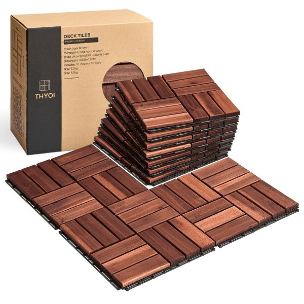 10 Pcs Interlocking Deck Tiles 12" x 12", Patio Flooring Outdoor Waterproof, Acacia Wood Decking All Weather, Floor Tiles for Balcony, Backyard, Indoor and Outdoor Use (Dark Brown) - Image 8