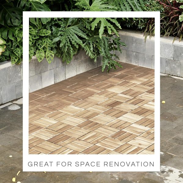 10 Pcs Interlocking Deck Tiles 12" x 12", Patio Flooring Outdoor Waterproof, Acacia Wood Decking All Weather, Floor Tiles for Balcony, Backyard, Indoor and Outdoor Use (Dark Brown) - Image 14