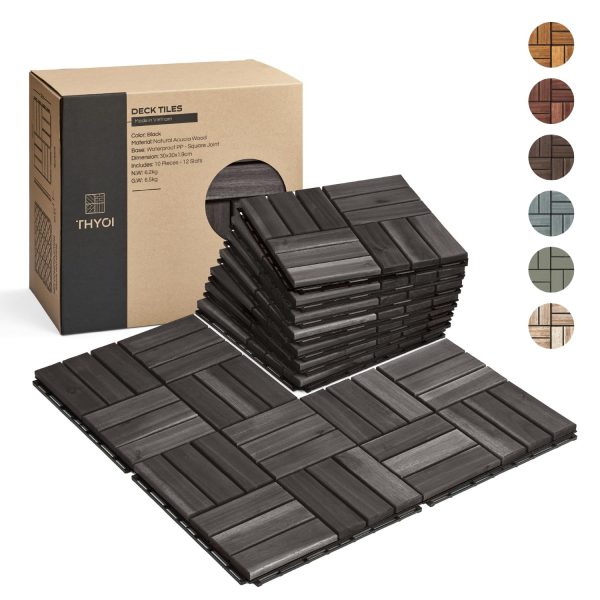 10 Pcs Interlocking Deck Tiles 12" x 12", Patio Flooring Outdoor Waterproof, Acacia Wood Decking All Weather, Floor Tiles for Balcony, Backyard, Indoor and Outdoor Use (Dark Brown) - Image 21