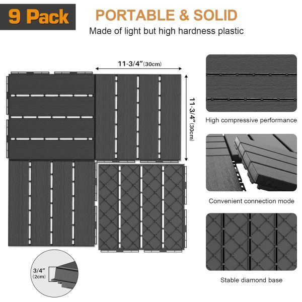 Goovilla Plastic Interlocking Deck Tiles, 9 Pack , 12"x12" Waterproof Outdoor Flooring All Weather Use, Patio Floor Decking Tiles for Porch Poolside Balcony Backyard, Dark Grey - Image 25